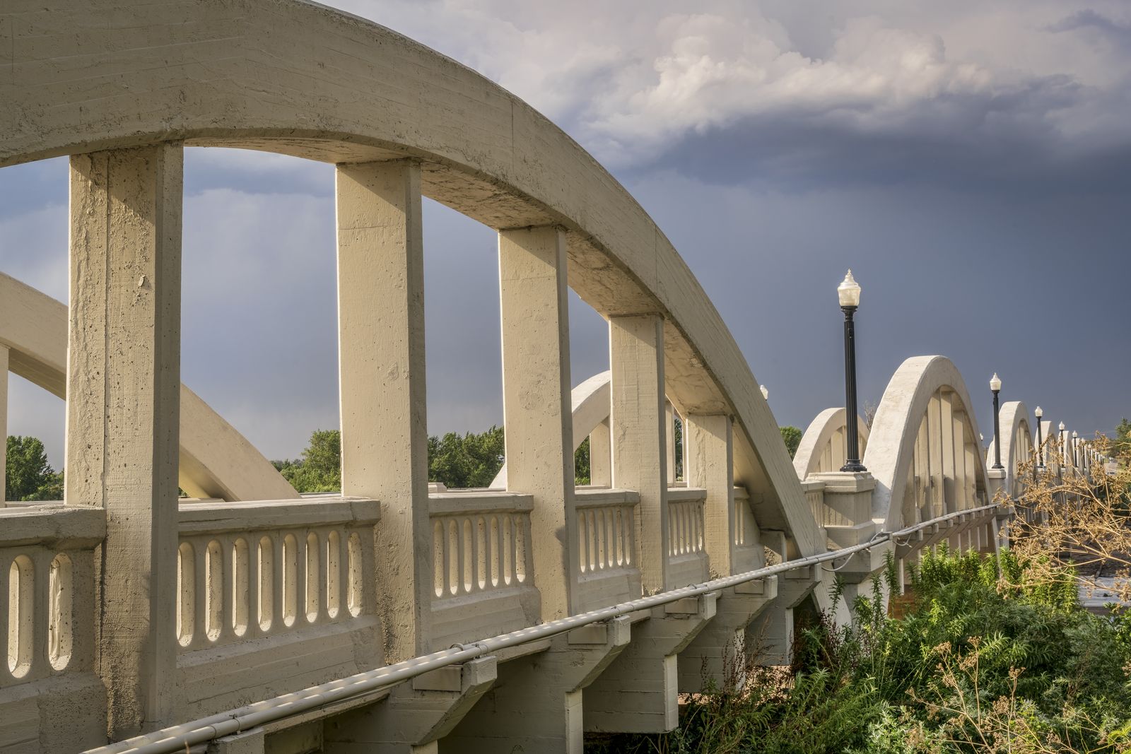 Arched span of the Rainbow Arch Bridge over the South Platte River near Fort Morgan, Colorado.
